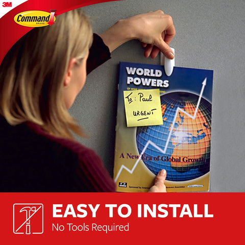 Person using Medium White Spring Clip With Three Strips For Damage Free Hanging to display magazine on wall.