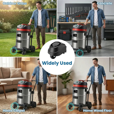 Fast Fix Replacement Foot Casters And Swivel Caster Wheels For Ridgid Shop Vacuums mounted on various surfaces including grass and carpet.