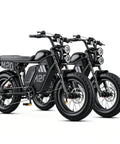 Beast Mode Electric Dirt Bike With Full Suspension And Rapid Two Hour Charging, dual model display with knobby tires and powerful headlights.