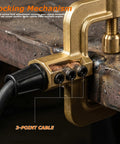 Heavy Duty C Style Welding Ground Clamp Beast locking mechanism showing triple set screw system and 3-point cable connection.