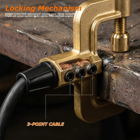 Heavy Duty C Style Welding Ground Clamp Beast locking mechanism showing triple set screw system and 3-point cable connection.