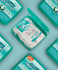 Top-down view of six teal plastic first aid kits, 420-piece six-pack with center-open kit showing supplies.