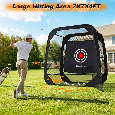 Golfer using Pop Up Golf Practice Net 7x7x4ft Hitting Cage With Target in backyard, portable training for driving and chipping.