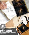 A5 spiral notebook with mystical moon design. Celestial Moon Ocean Beach Notebook Journal For Women shown in open and closed views.