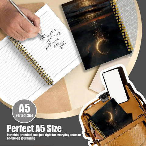 A5 spiral notebook with mystical moon design. Celestial Moon Ocean Beach Notebook Journal For Women shown in open and closed views.