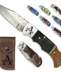 Personalized Sheep Bone Pocket Knife With Engraving For Him Dad Husband Boyfriend And Groomsmen Gifts For Anniversary Birthday Camping Hiking Everyday Carry with various handle designs and leather sheath.