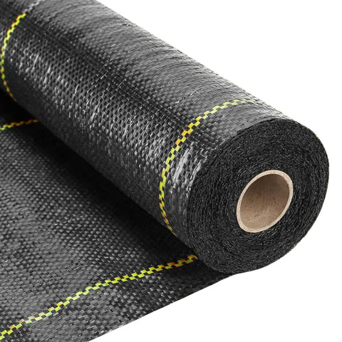 Heavy Duty Weed Barrier Fabric 6x200 Feet Ground Cover Mat For Greenhouses Gardens Raised Beds And Outdoor Landscaping Lets Air Water And Nutrients Through While Blocking Weeds And Withstanding Foot Traffic visible in roll form on white background.
