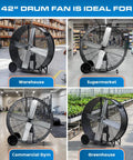 Heavy Hitter 42 Inch Industrial Drum Fan Moves Serious High Velocity Air For Garage Or Workshop Cools 24500 CFM With Smooth Rolling Casters Two Pack No Fuss Design in a warehouse setting.
