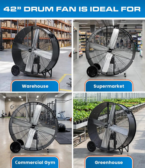 Heavy Hitter 42 Inch Industrial Drum Fan Moves Serious High Velocity Air For Garage Or Workshop Cools 24500 CFM With Smooth Rolling Casters Two Pack No Fuss Design in a warehouse setting.