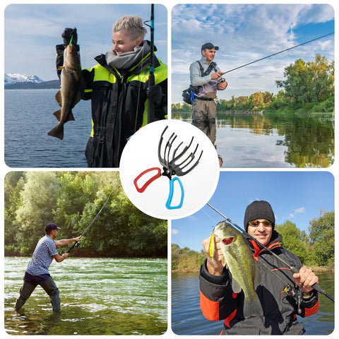 Fishermen using Heavy Duty Fish Claw Gripper For Catching More Fish With No Slip Ergonomic Grip Durable ABS And Metal Construction Tackle Tool Clamp Pliers For Freshwater And Saltwater Fishing Accessories collage