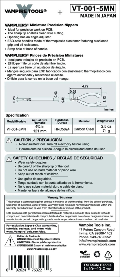 Diagram and specifications of 4.75 Inch Precision Flush Cutters For PCB Work And Electronics Repairs, Japanese-made mini nippers