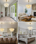 23 Inch 9 Light Gold Glass Chandelier 3 Tier Round Crystal Pendant Light Height Adjustable For Dining Room Foyer Living Room, elegantly displayed in multiple home settings.