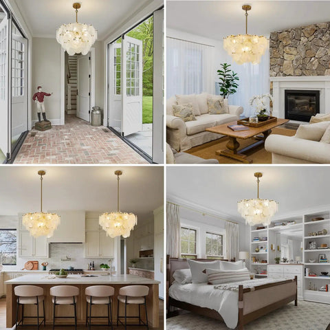 23 Inch 9 Light Gold Glass Chandelier 3 Tier Round Crystal Pendant Light Height Adjustable For Dining Room Foyer Living Room, elegantly displayed in multiple home settings.