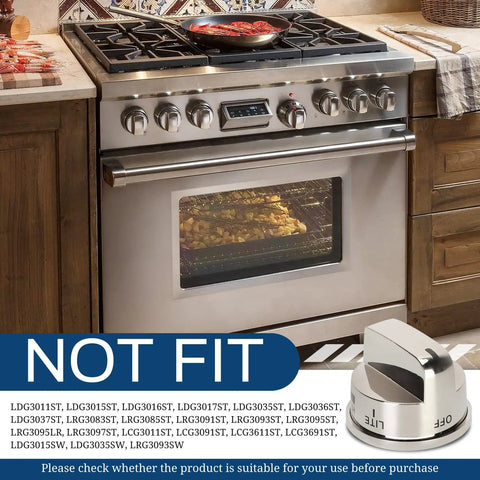 Upgraded LG Gas Stove Knob Set 4 Pack With 1 Boiling Control Knob Replacement shown near non-compatible oven models list