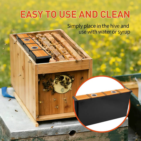 Two Pack Six Point Five L Beehive Feeder with Beeswax Treated Wood Frames in hive, showing easy-to-use design