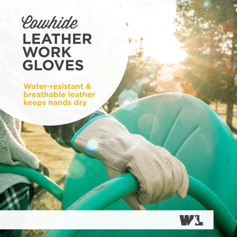 Women’s Water-Resistant Leather Work Gloves With Puncture Resistance being worn, showing reinforced palm gripping wheelbarrow handle outdoors.