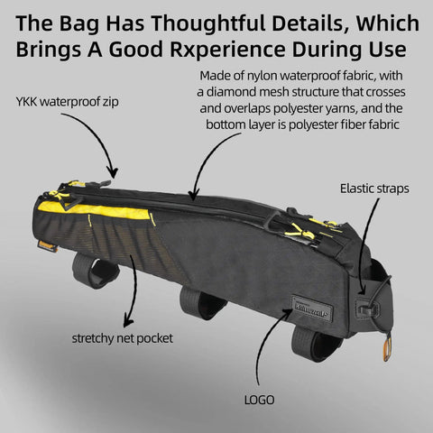 Top Tube Bike Bag Waterproof Front Frame Organizer 2.1L with dual side mesh pockets and YKK zipper for MTB road bike