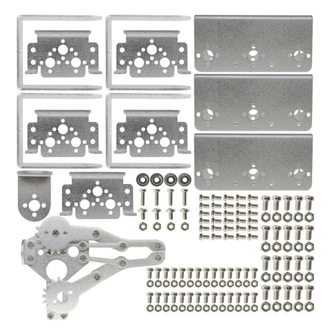 Unassembled parts of 6DOF Aluminum Robotic Arm Kit With Clamp Claw No Soldering Required for DIY enthusiasts, silver finish.