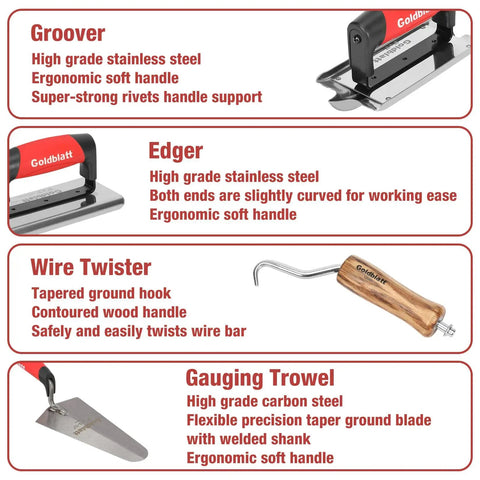 Close-up of groover, edger, wire twister, and gauging trowel from 8 Piece Masonry Tool Set Pro Grade With Finishing Trowel Gauging Trowel Groover Edger Extruded Alloy Float Wood Float And Wire Twister In Durable Tool Bag For Quick, Easy Concrete Finishing.