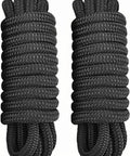 Two Pack Half Inch By Twenty Foot Dock Lines With Twelve Inch Loop For Docking And Mooring A Workhorse Marine Grade Nylon Double Braided Rope Low Stretch High Strength Fray Resistant Easy Handling Black, coiled on white background.