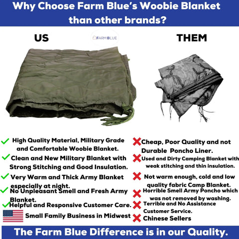 Comparison between Farm Blue's army style camping blanket and a cheaper poncho liner, showcasing quality differences and features.