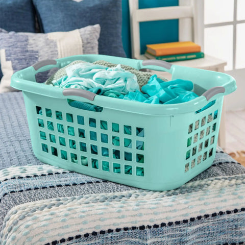 Six Pack Plastic Laundry Basket Hamper Set 2 Bushel Ultra Aqua Chrome Beastly Capacity with clothes on a bed
