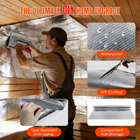 Pro Grade Sauna Foil Vapor Barrier Roll 500 Square Feet being installed, showing waterproof and tear-resistant features.