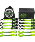One Inch Ratchet Tie Down Straps 15 Ft 4 Pack With Soft Loops 2100 Pound Break Strength Reflective Thread laid out with packaging