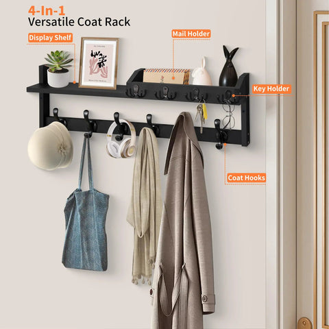 Sturdy Dope 4 In 1 Wood Coat Rack Wall Mount With Shelf 27.5 Inch Entryway Storage Organizer Key Holder Mail Organizer Hat Rack With 10 Dual Hooks