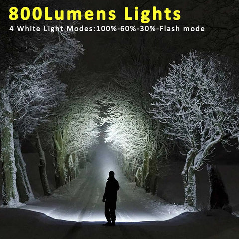 Rechargeable Keychain Flashlight 4 Pack With COB LED Ultra Bright Work Light illuminating a snowy forest path