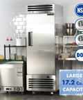 Workhorse Grade 27 Inch Commercial Freezer 23 Cubic Foot Reach In Upright Cooler With Solid Stainless Door Rapid Frost Drop in a commercial kitchen setting.