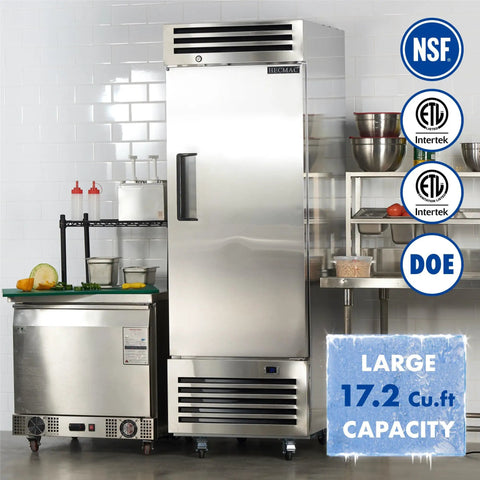 Workhorse Grade 27 Inch Commercial Freezer 23 Cubic Foot Reach In Upright Cooler With Solid Stainless Door Rapid Frost Drop in a commercial kitchen setting.