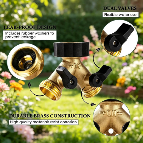 Brass Hose Splitter 2 Way With Shut Off Valves Heavy Duty Garden Hose Connector Y Adapter No Leak Includes Washers And Teflon Tape, brass 2-way splitter