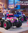 Pink Monster Off Road RC Car For Kids Ages 3 To 12 with lights glowing, on rug with doll and toy bunny in background.