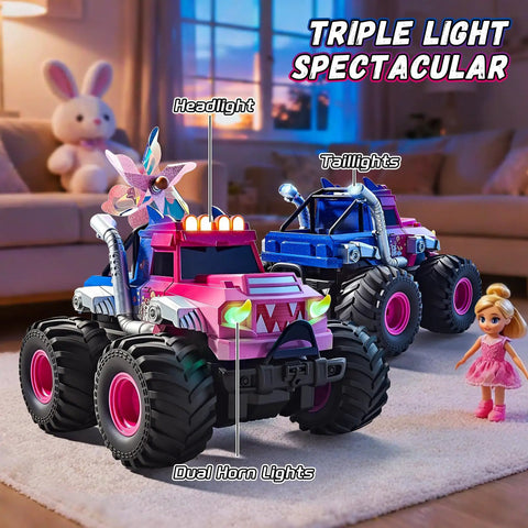Pink Monster Off Road RC Car For Kids Ages 3 To 12 with lights glowing, on rug with doll and toy bunny in background.