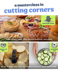 Five In One Food Prep And Storage Bowl System With Crinkle Slicing Shredding Functions showing bowls of dips and sliced cucumbers.