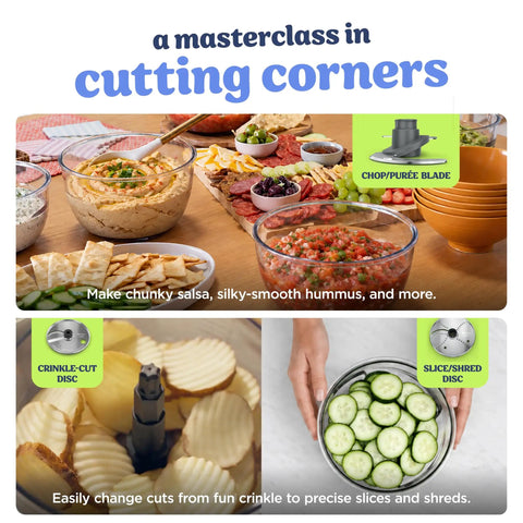 Five In One Food Prep And Storage Bowl System With Crinkle Slicing Shredding Functions showing bowls of dips and sliced cucumbers.
