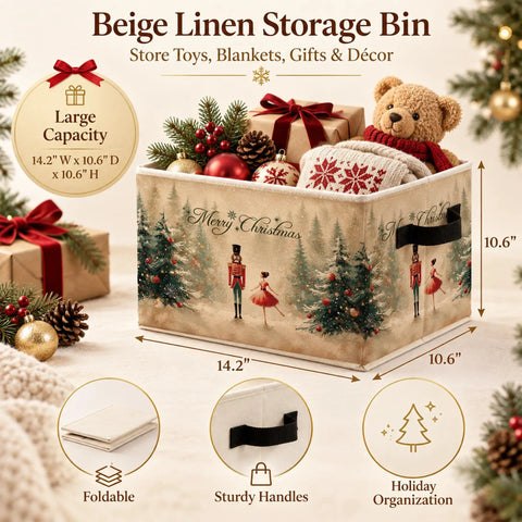 Cheer Up Your Spaces With This Merry Christmas Nutcracker Collapsible Storage Bin Foldable Box for Stashing Seasonal Gear Toys and Swag Easy to Squish Flat for Hassle Free Organization and Party Ready Vibes, beige linen 14.2x10.6x10.6 inches storage bin with holiday theme.