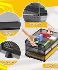 Three Tier Paper Organizer Tray With Handle Mesh Letter Tray for office and school, featuring sliding mesh tray and anti-slip feet.