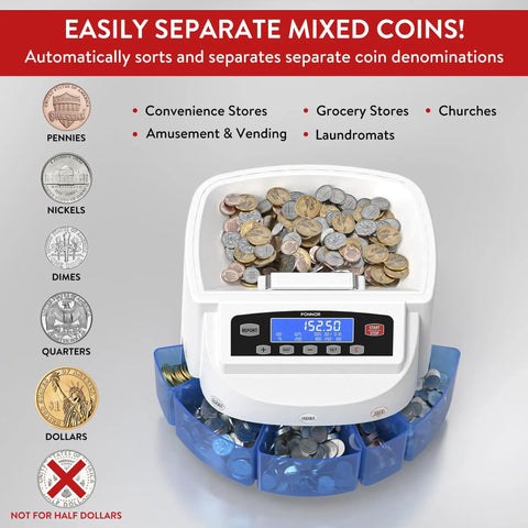 Ponnor Automatic Coin Counter Machine Sorter And Wrapper With Fast 300 Coins Per Minute Speed displaying assorted coins and digital total.