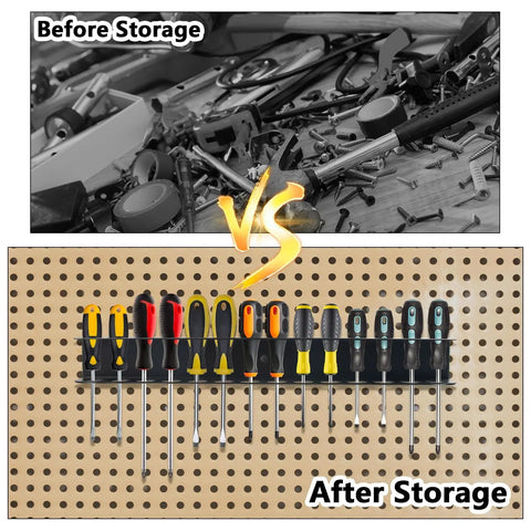 Before and after image of 2 Pack Wall Mount Screwdriver And Pliers Organizer Rack Heavy Duty Steel Tool Holder installation.