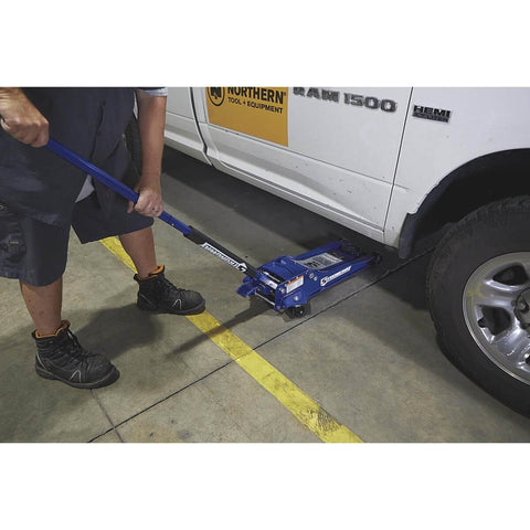 Long Reach Low Profile Floor Jack For Low Clearance Cars, 3 Ton Capacity, Quick Lift Foot Pedal, Dual Piston Pump in use