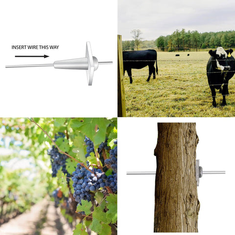 Beefy One Way Anchor Vise For Grape Trellis Wire installation showing vise in vineyard and on post, ideal for secure fencing.