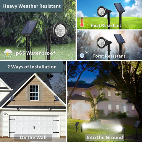 Outdoor Solar Spotlight With Separate Solar Panel And 24.6 Ft Waterproof Cable, 7 LED Lighting Displayed in Various Installations