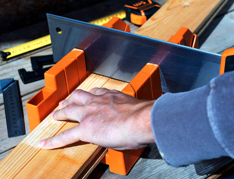 12 Inch Miter Box Kit With Saw Included For No Nonsense Precise Cuts At 90 45 22.5 And 0 Degrees, in use cutting wood