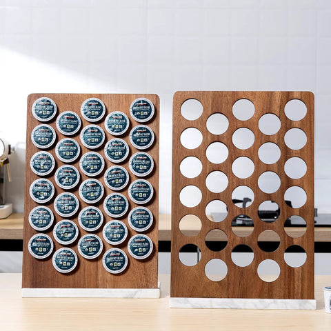 K Cup Coffee Pod Holder And Organizer With Acacia Wood Storage Rack And Weighted White Marble Base, 30 Pod Capacity Countertop Stand