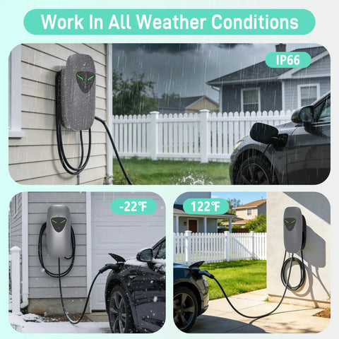 Portable 40 Amp NEMA 14 50 EV Charger With 9.6 kW Fast Charging, waterproof design, J1772 240V wall charger for all weather use, grey.