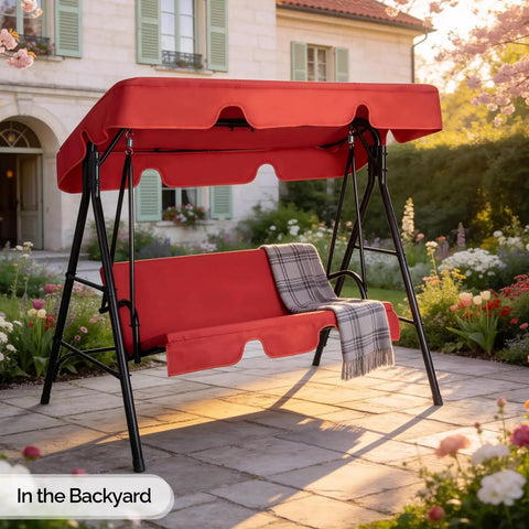 Outdoor Porch Swing With Adjustable Canopy Powder Coated Steel Frame And Heavy Duty Stand For Patio Backyard Garden Or Lawn With Comfy Cushions And Weather Resistant Glider Seat In Red in backyard setting
