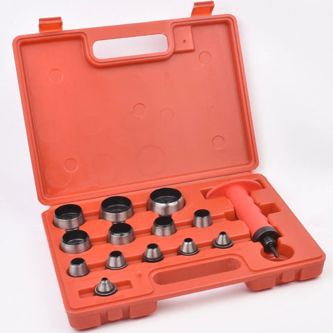Open orange ABS case with Pro Grade Leather Punch Set, 13 hollow punch heads, pinpoint punch shaft for clean holes and gaskets.