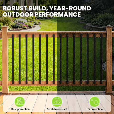 Built Like a Tank 105 Piece 32 Inch Deck Railing Kit with black metal balusters showcasing robust outdoor performance.